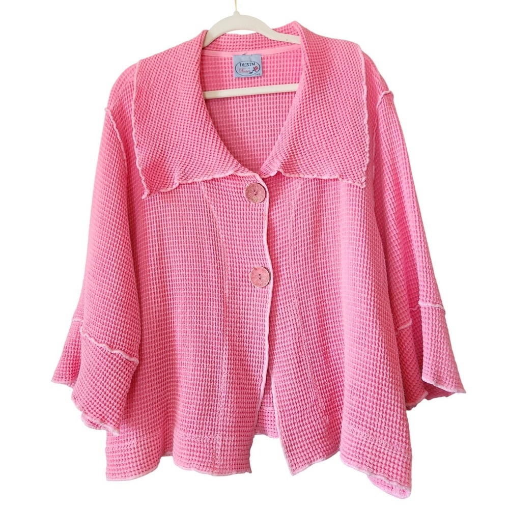 Vintage 90s Waffle Knit Jacket Size M/L Pink Coquette Lagenlook Cropped Cotton